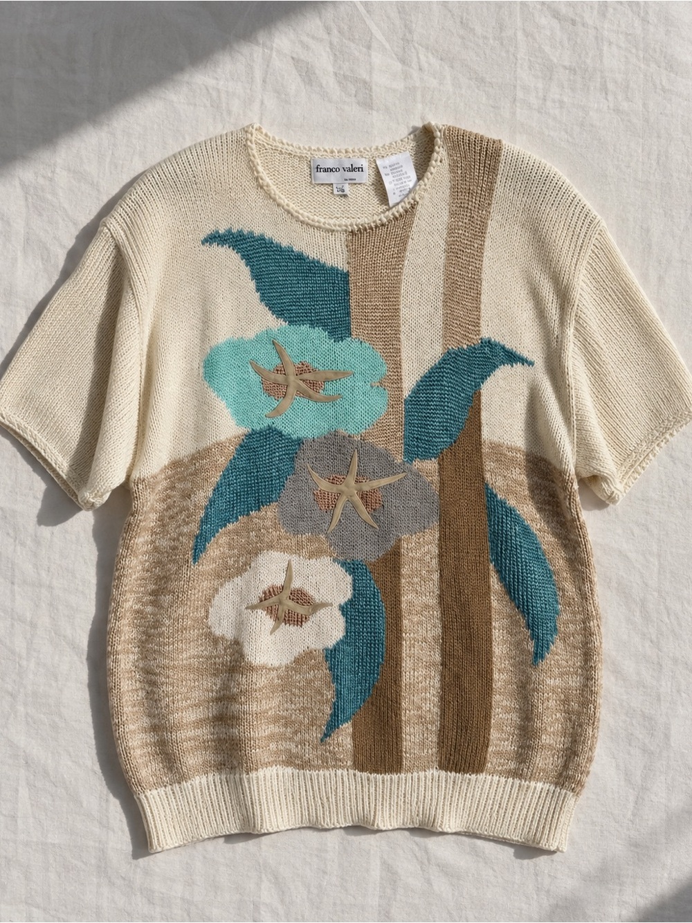 Vintage Franco Valeri Floral Appliqué Short Sleeve Knit Sweater L